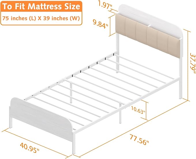 Timy Kids Twin Bed Frame with Bookcase Headboard, Metal Platform Bed Frame with Upholstered Headboard for Boys Girls Teens Adults, No Box Spring Needed, White - LeafyLoom