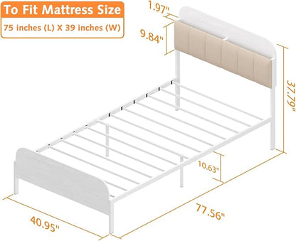 Timy Kids Twin Bed Frame with Bookcase Headboard, Metal Platform Bed Frame with Upholstered Headboard for Boys Girls Teens Adults, No Box Spring Needed, White - LeafyLoom