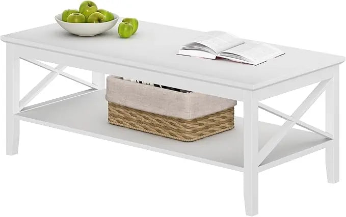 ChooChoo White Coffee Table Classic X Design for Living Room, Rectangular Modern Cocktail Table with Storage Shelf, 47 Inch - LeafyLoom