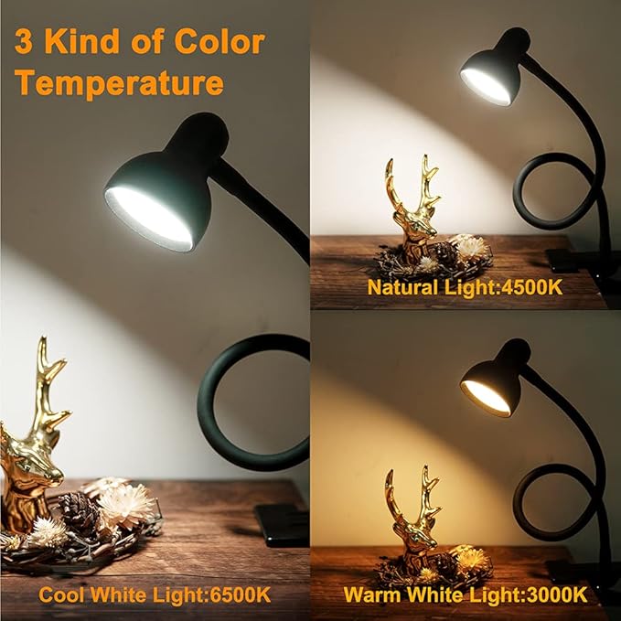 Clip on Light Reading Light for Bed 3 Color Modes 10 Dimmable Brightness Eye Care Clamp Desk Lamp Flexible Gooseneck Book Light for Reading in Bed Desk Light for Bed Headboard Computer - LeafyLoom