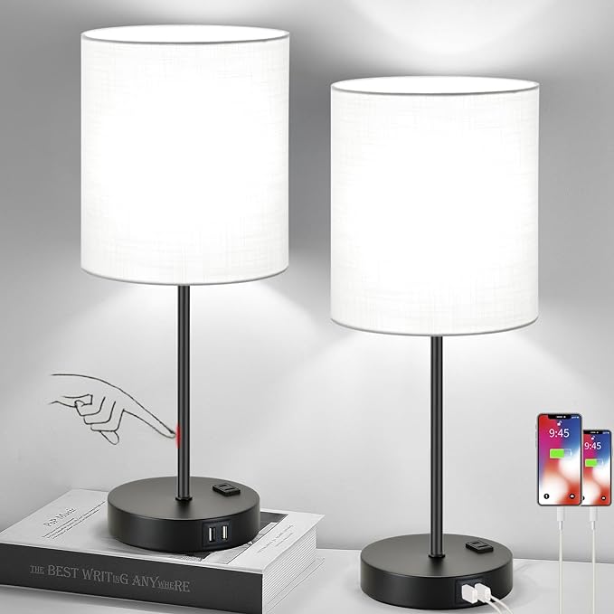 Lynnoland 𝟮𝟬𝟮𝟯 𝗡𝗘𝗪 Set of 2 Touch Control Table Lamps with 2 USB & AC Outlet, 3-Way Dimmable Bedside Nightstand Lamps for Bedroom Living Room Nursery, 800 Lumens 5000K Daylight Bulbs Included - LeafyLoom