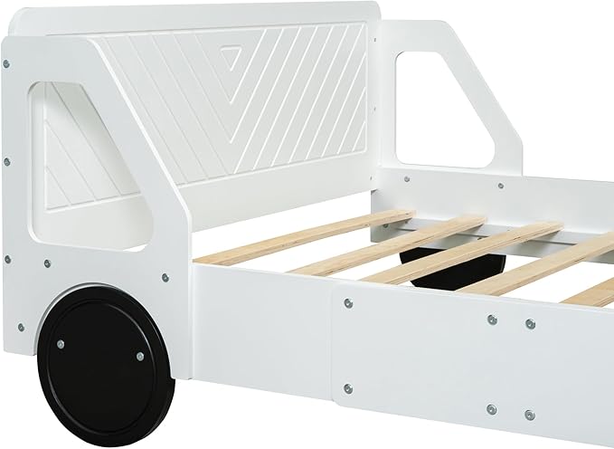 Full Size Car-Shaped Bed Frame for Kids,Wooden Platform Bed with Wheels and Side Rails for for Boys Girls,Wood Slat Supports,No Box Spring Needed,White - LeafyLoom