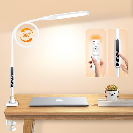 LED Desk Lamp with Clamp, Workbench Light, 10W Eye-Caring Desk Lights, 5 Brightness Levels with Remote Control, Flexible Gooseneck Task Lamp for Office Work Drawing Study Lamp (White) - LeafyLoom