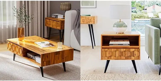 Bme Georgina Solid Wood Coffee Tables & Nightstands with Geometric Details, 2 Drawers - LeafyLoom