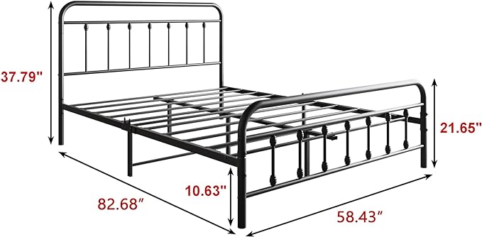 Vintage Queen Size Bed Frame with Headboard and Footboard Mattress Heavy Duty Metal Platform, Steel Slat Support (Queen, Black Sanded) - LeafyLoom