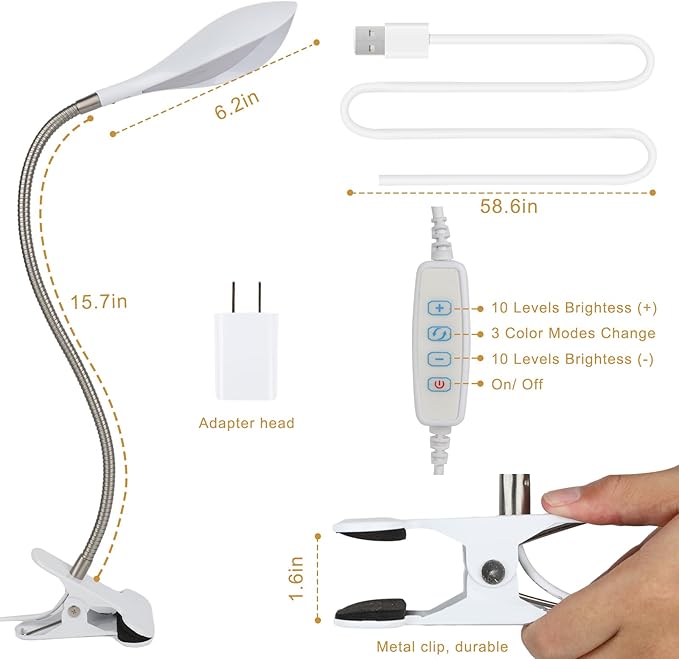 Desk lamp Eye-Caring Table Lamps, 360°Rotation Gooseneck Clip on Lamp Reading Light, Portable Reading Book Light, Clamp Light, Study Desk Lamps for Bedroom and Office Home Lighting (White-C02) - LeafyLoom