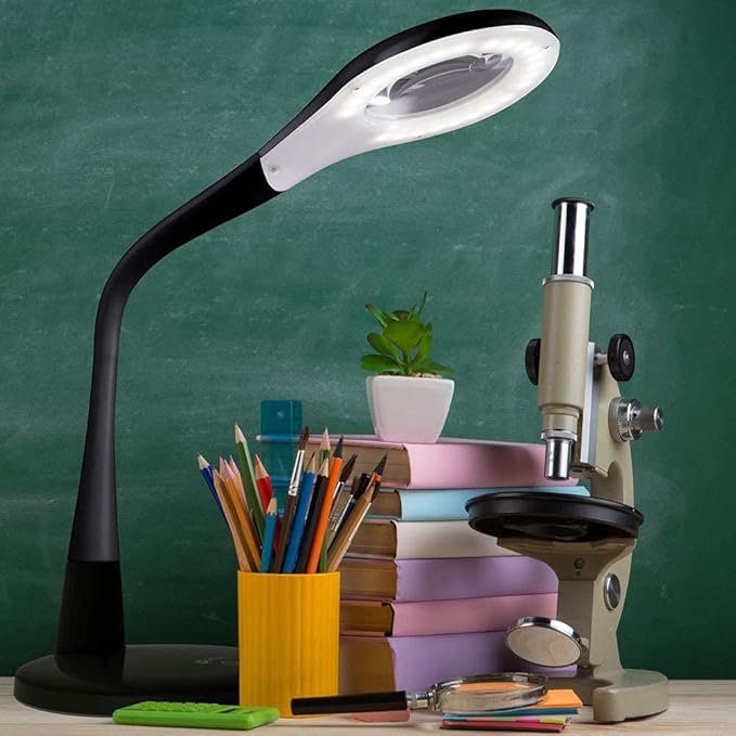 OttLite LED Desk Lamp with Adjustable Magnifier, Prevention Series - Designed to Reduce Eyestrain - Adjustable Flexible Neck, 4 Brightness Settings & Touch Controls - Crafting, Reading & Studying - LeafyLoom