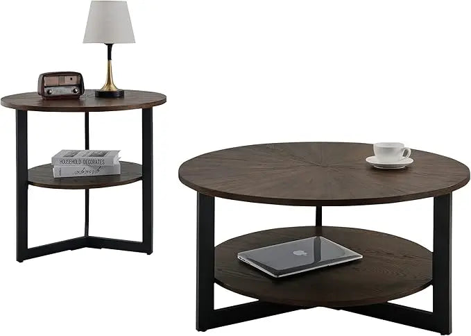 MODERION Round Coffee Table with Storage Shelf, Farmhouse Living Room Cocktail Black Metal Legs, Circular Solid Wood Center Tea Table, Sofa 35.3-''Dx17.8-''H, Natural Brown KFZ1338NC - LeafyLoom