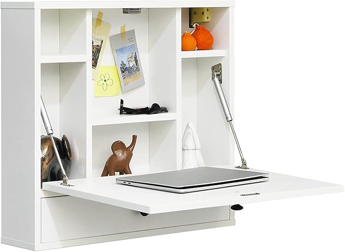 2 in 1 Foldable Tabletop, Folding Wall Mount Laptop Storage Compartments Space Saving Floating Desk, Small, White - LeafyLoom