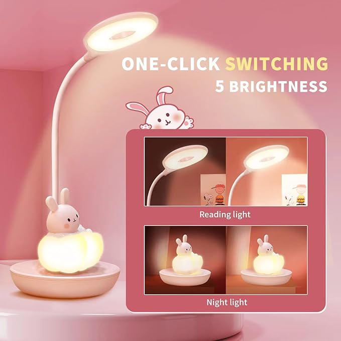 Kids Desk Lamp Pink, Dimming Desk Lamp for Girls with Exclusive Cartoon Look, Cute Night Light for Kids Bedroom, Eye-Caring LED Portable Reading Lamp for Child, Unique Gift (Pink Rabbit) - LeafyLoom