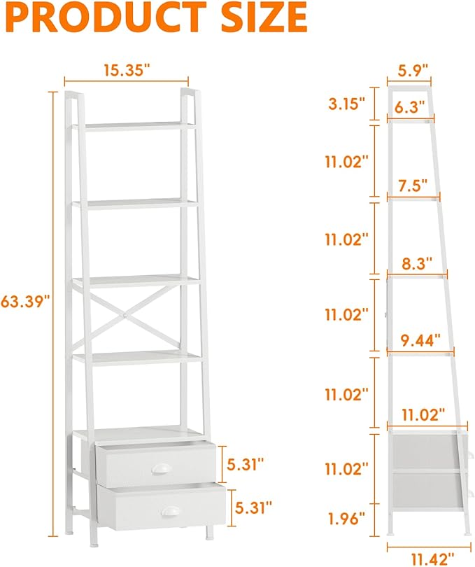 Furologee 5-Tier Ladder Shelf with 2 Drawers,Narrow Bookshelf Storage Shelves,Industrial Bookcase Freestanding Shelf Units for Bedroom,Living Room,Bathroom,Home Office,Balcony,Wood Metal, White - LeafyLoom