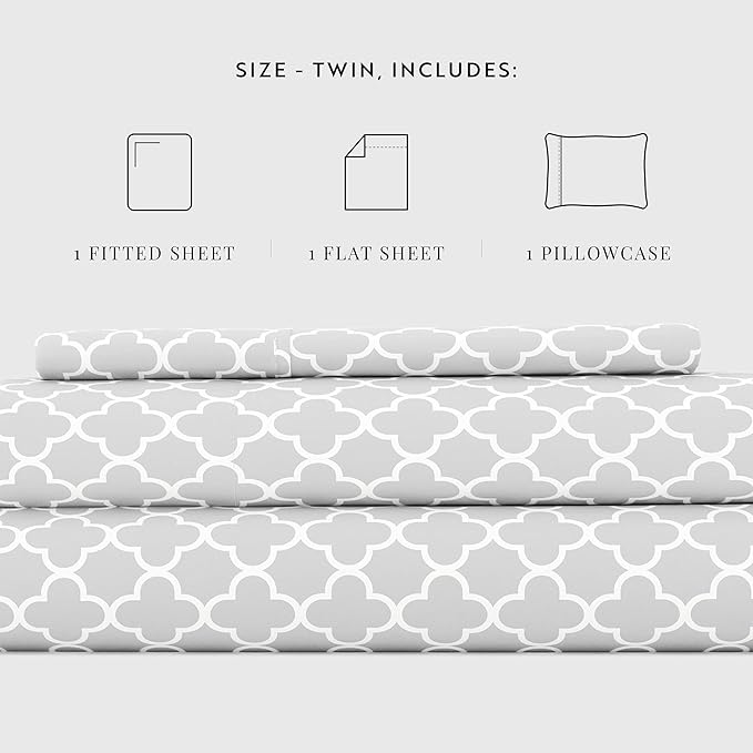 Linen Market 3 Piece Twin Bedding Sheet Set (Gray Quatrefoil) - Sleep Better Than Ever with These Ultra-Soft & Cooling Bed Sheets for Your Twin Size Bed - Deep Pocket Fits 16" Mattress - LeafyLoom