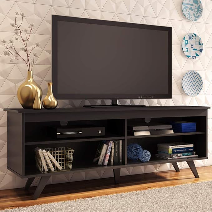 Madesa TV Stand with 4 Shelves and Cable Management, Entertainment Center for TVs up to 65 Inches, Wood, 23'' H x 15'' D x 59'' L – Black - LeafyLoom