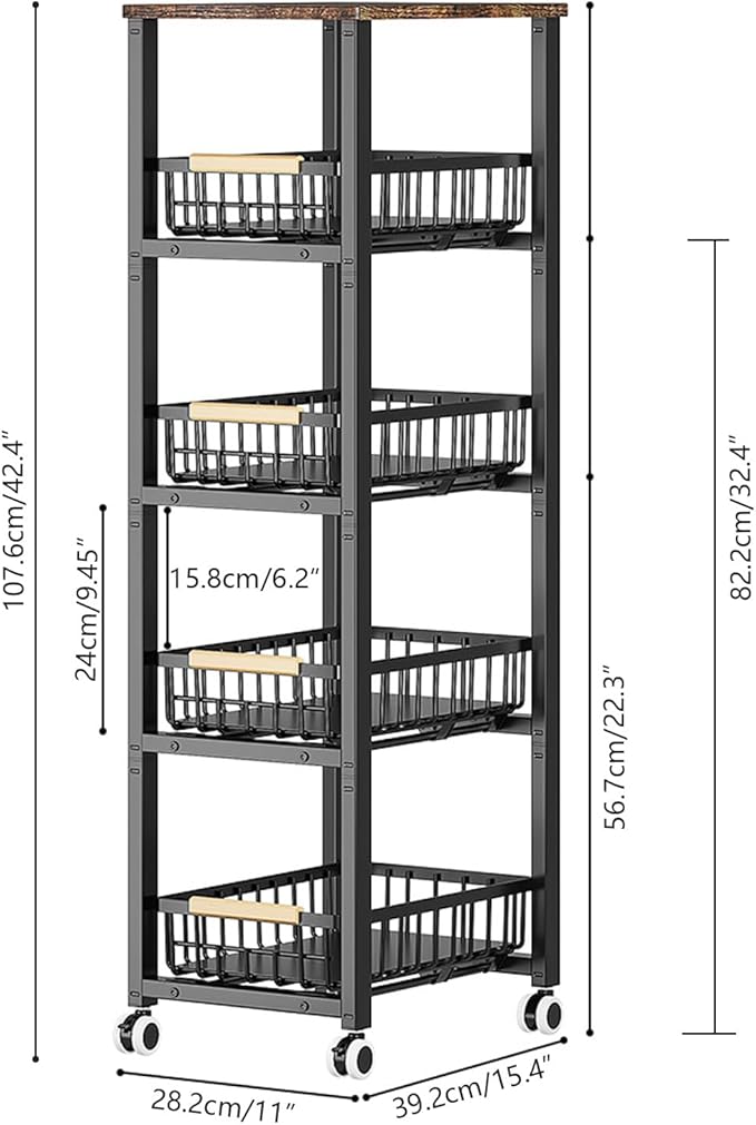 Kitchen Storage Cart Slim Rolling Cart On Wheels,5-Tier Skinny Kitchen Island Utility Organizer Storage Cart with Pull-Out Baskets and Wood Top,Mesh Fruit Basket Cart with Handle - LeafyLoom