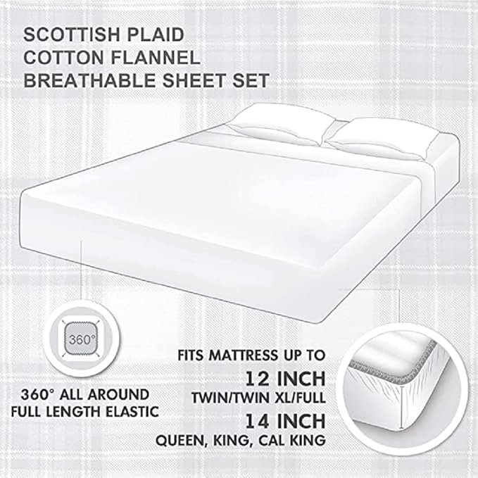 Comfort Spaces Cotton Flannel Breathable Warm Deep Pocket Sheets with Pillow Case Bedding, King, Blue Plaid Scottish Plaid 4 Piece - LeafyLoom