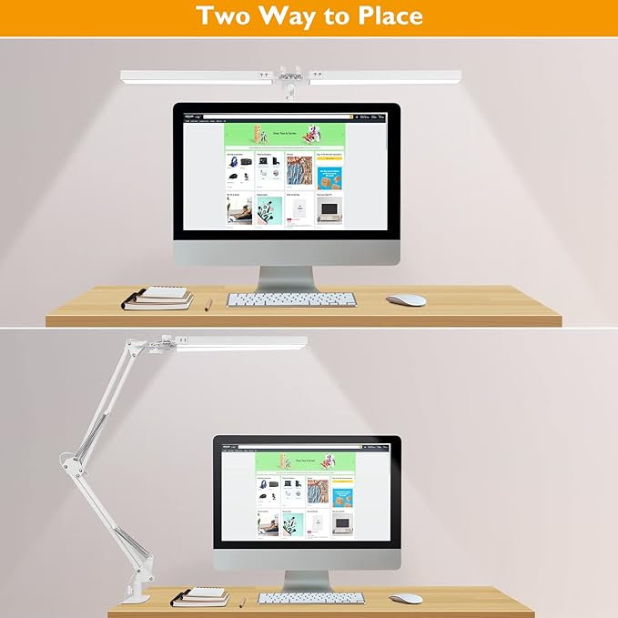 LED Desk Lamp with Clamp, Super Bright Double Head Desk Lamps for Home Office, 5 Color Modes, 10%~100% Dimmable Brightness, Architect Task Desk Light, Modern Swing Arm Workbench Desk Lighting - LeafyLoom