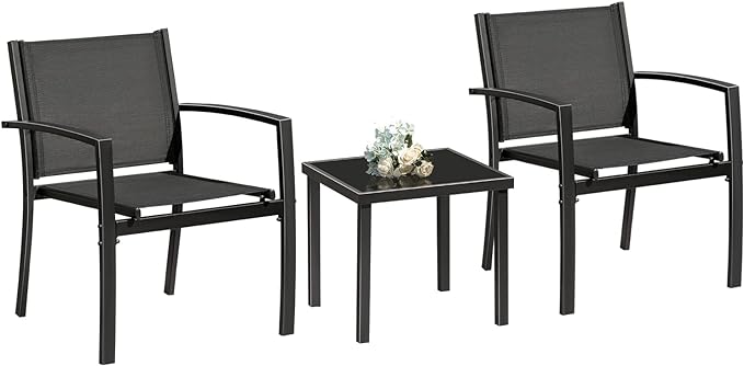 Greesum 3 Pieces Patio Furniture Outdoor Bistro Set Textilene Fabric Chairs for Lawn, Garden, Balcony, Poolside with A Glass Coffee Table, Black - LeafyLoom