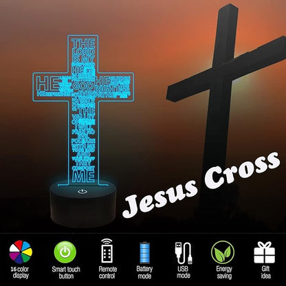 FULLOSUN Jesus Cross 3D Night Light, Christ Optical Illusion Lights 16 Colors Change with Remote Control, The Lord Desk Lamps Room Home Decor Xmas Birthday Easter Gifts - LeafyLoom