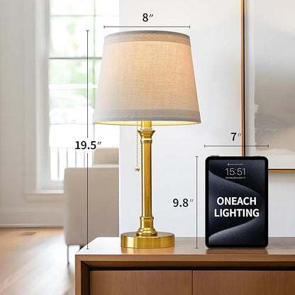 Oneach 19.5'' Gold Table Lamp for Living Room Nightstand Modern Lamps Brass Table Lamp for Bedroom Metal Bedside Lamp with White Drum Shade - LeafyLoom