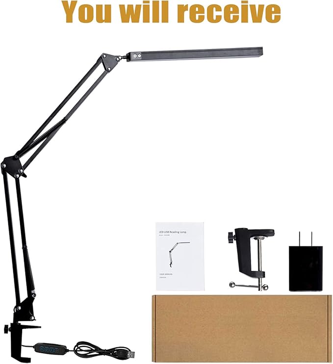 LED Desk Lamp, Adjustable Swing Arm Lamp with Clamp, Eye-Caring Reading Light, 10 Brightness Levels, 3 Lighting Modes, Memory Function Lamps for Home Office Adapter (Black) - LeafyLoom