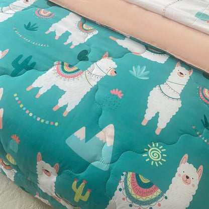 Wajade Kids Llama Comforter Set Bed in A Bag Twin Size 7 Piece Cute Alpaca Tropical Plant Cactus Bedding Set for Girls Boys (1 Comforter, 1 Flat Sheet, 1 Fitted Sheet, 2 Pillowcase and 2 Pillow Sham) - LeafyLoom