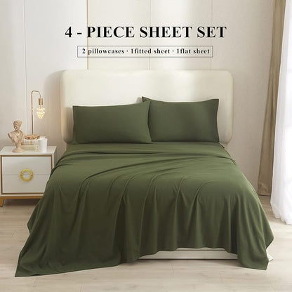 Army Green Full Size Sheet Set Extra Soft Deep Pocket Sheets Set,4 Piece Bed Fitted Sheets Fit 16 Mattress,Wrinkle,Fade,Sain Resistant Cooling Bed Sheets,Fitted Sheets,Pillowcases Set - LeafyLoom