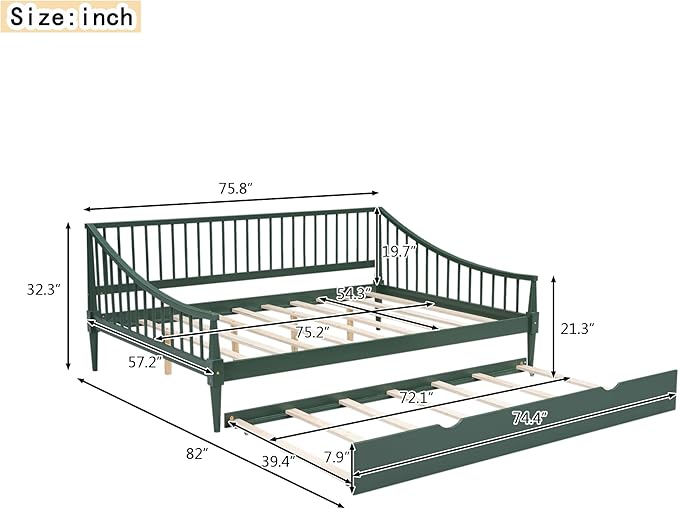 Full Size Daybed with Hideaway Trundle and Support Legs,Multi-functional Wood Bed Frame,W/Rails Three Sides,Easy to Assemble,for Bedroom,Living Room,Apartment,Green - LeafyLoom