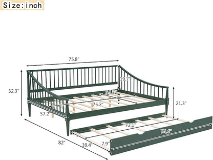 Full Size Daybed with Hideaway Trundle and Support Legs,Multi-functional Wood Bed Frame,W/Rails Three Sides,Easy to Assemble,for Bedroom,Living Room,Apartment,Green - LeafyLoom