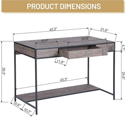 FurnitureR Vintage Wooden Computer Desk with Drawer, 43 Inches Industrial Writing Desk Workstation with Metal Legs and Bottom Shelf for Home Office, Brown - LeafyLoom