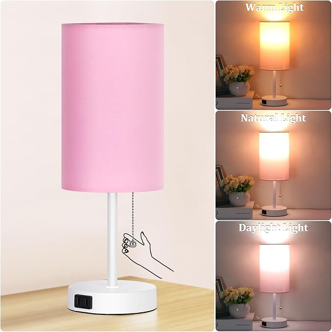 Dott Arts Table Lamp for Bedroom, 3-Color Bedside Lamps with Pull Chain, Bedroom Table Lamps for Nightstand,Small Lamp for Living Room, Bulb Included Pink - LeafyLoom