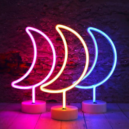 LED Neon Moon Lights, Moon Shape Neon Signs Crescent Night Lights Battery Operated Desk Table Lamp for Bedroom, Bar, Wall Decor-Moon with Holder Base(Pink) - LeafyLoom