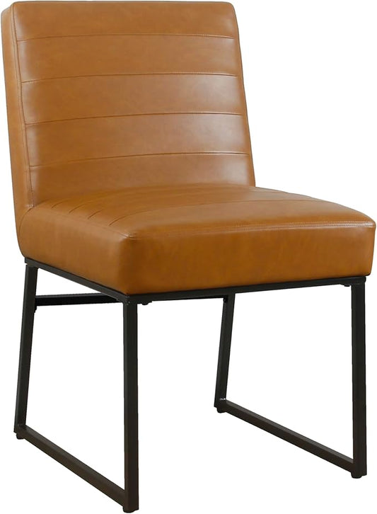 HomePop Home Décor | Single Pack Channeled Metal Dining Chair, Brown Faux Leather - LeafyLoom