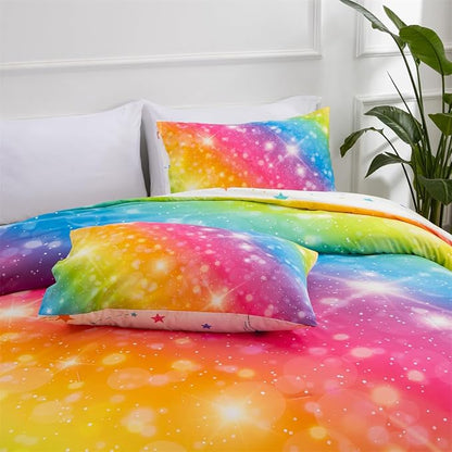 Holawakaka Girls Ombre Glitter Comforter Set, Twin Size Gradient Rainbow Galaxy Print Kids Bedding Sets, Multi-Color Ultra-Soft Dorm Bed Set (Multi-color,Twin) - LeafyLoom