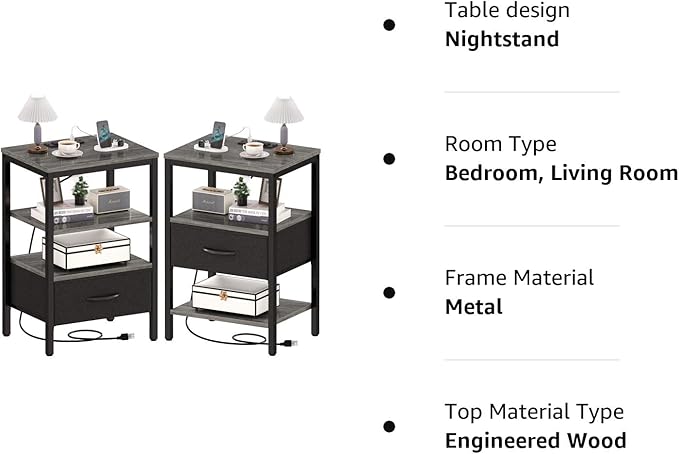 SUPERJARE Nightstand Set of 2, Bed Side Tables with Charging Station, Adjustable Fabric Drawer, Night Stand for Bedroom, 3-Tier Storage End Tables, for Living Room - Charcoal Gray - LeafyLoom