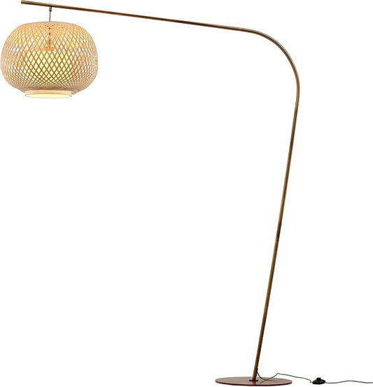 FOS - Modern Bohemian Chic Arch Floor Lamp with Woven Bamboo + Linen Shade - Brushed Brass Finish, Ambient Home Lighting in Living Room, Bedroom, Study, Nursery - LeafyLoom