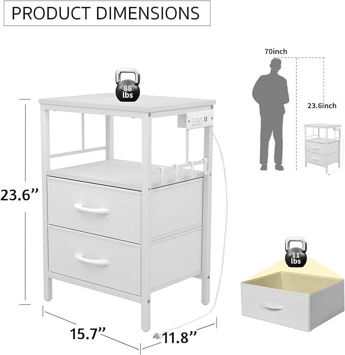 Nightstands set 2 for Bedroom Decor, Bedside Table with Charging Station, Night Stands with Fabric Drawers and Open Shelf, Side Table with USB Ports & Outlets(White,2) - LeafyLoom