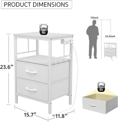 Nightstands set 2 for Bedroom Decor, Bedside Table with Charging Station, Night Stands with Fabric Drawers and Open Shelf, Side Table with USB Ports & Outlets(White,2) - LeafyLoom