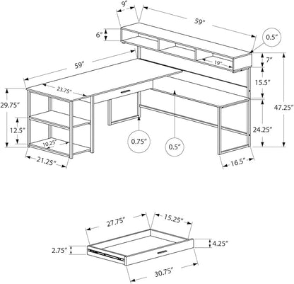 Monarch Specialties Workstation for Home & Office with Multiple Shelves and Drawer L-Shaped Corner Desk with Hutch, 60" L, Grey/Black Frame - LeafyLoom