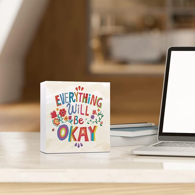 Ruvoty Everything Will Be Okay Colorful Word Art Wooden Sign Desk Decor,Inspirational Wood Block Sign Desk Decorations for Home Bedroom Dorm Office Desk Shelf Table Decor - LeafyLoom