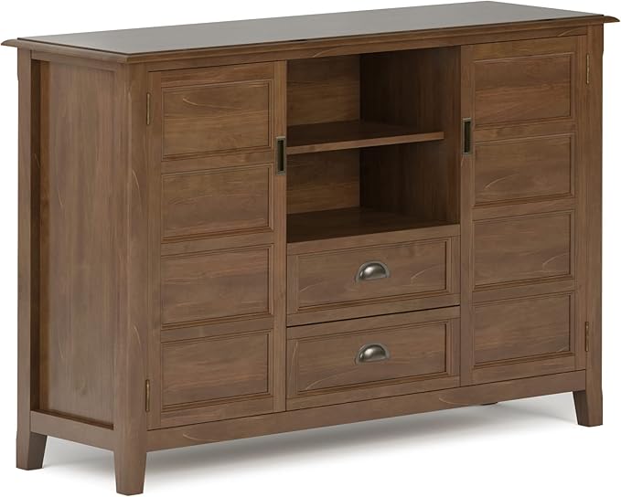 SIMPLIHOME Burlington SOLID WOOD Universal TV Media Stand, 54 inch Wide, Transitional, Living Room Entertainment Center, Storage Shelves and Cabinets, for TVs up to 60 inches in Medium Saddle Brown - LeafyLoom