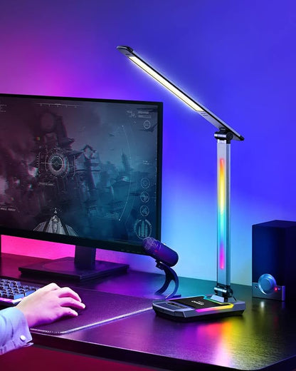 WILIT LED RGB Gaming Desk Lamp, Voice Activated Changing Colors Rhythm Light with Wireless Charger and USB Charging Port, Colorful Ambient Light Touch Table Lamp for Gaming, PC, Room Decoration - LeafyLoom