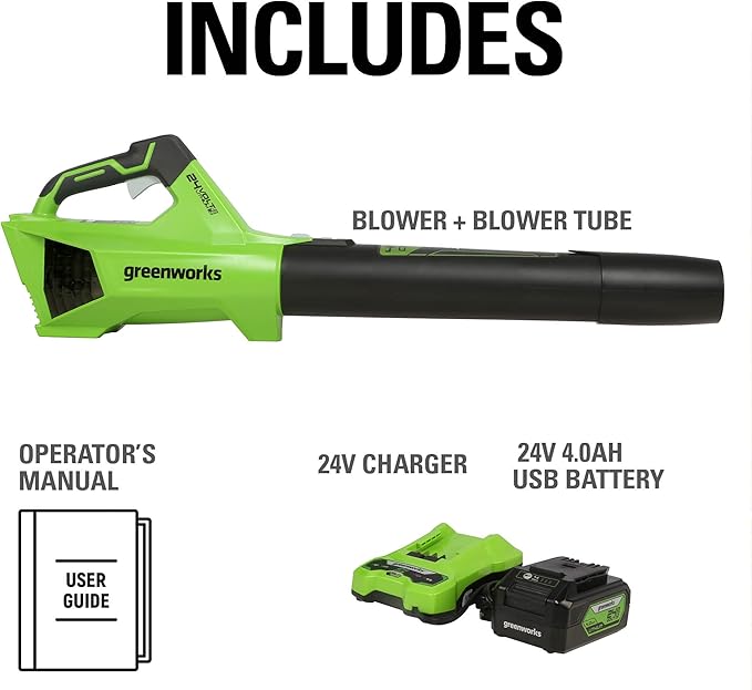 Greenworks 24V (110 MPH / 450 CFM / 125+ Compatible Tools) Cordless Brushless Axial Leaf Blower, 4.0Ah Battery and Charger Included - LeafyLoom