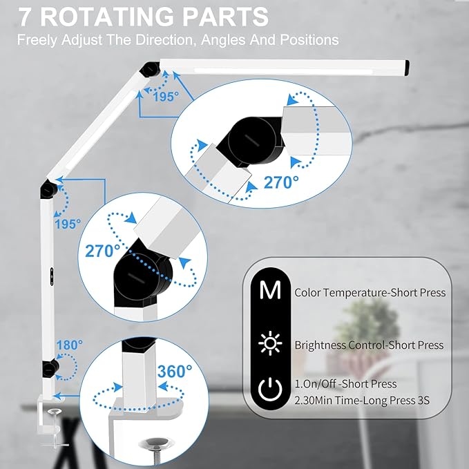 Micomlan LED Desk Lamp for Home Office, Architect Clamp Desk Lamp with Remote Control, Adjustable Swing Arm Clamp on Desk Light Clip-on Dual Light 5 Brightness Levels & 4 CCT Modes Table Light - LeafyLoom
