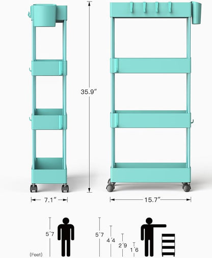 Pipishell Slim Storage Cart with Wheels, 4 Tier Bathroom Storage Organizer Rolling Utility Cart for Bathroom Kitchen Laundry Room Office Narrow Place (Turquoise) - LeafyLoom