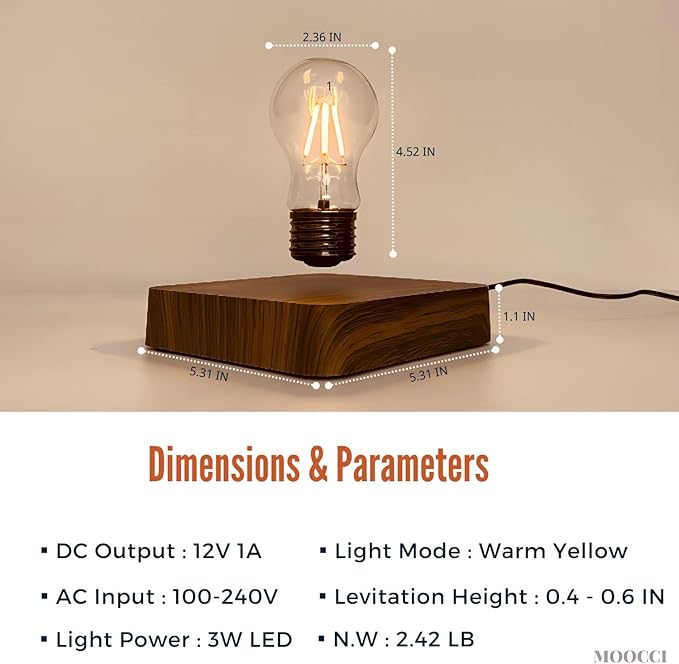 Levitating Bulb Lamp Magnetic Floating Light Desk Lamp Night Light, 360 Degree Wireless Automatic Rotating Light for Gifts Home Office Decor Desk Tech Toys (Square-Dark Brown Base) - LeafyLoom