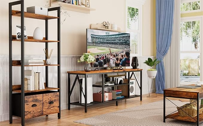 Furologee TV Stand with Power Outlets for 65 70 inch TV, Entertainment Center with Open Storage Shelves, Long 63'' TV Media Console Table with Soundbar Shelf for Living Room, Bedroom, Rustic Brown - LeafyLoom