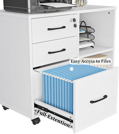 3 Drawer File Cabinets, Mobile Lateral Printer Stand with Open Shelf, Rolling Filing Cabinet with Wheels Home Office Organization and Storage (White) - LeafyLoom