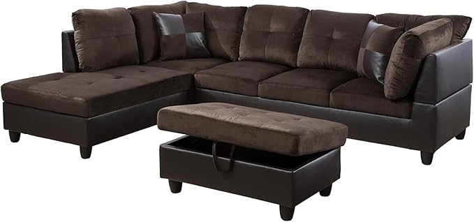 L Shaped Sofa with Ottoman Modern Sectional Living Room, Bedroom, Office, L Couch Leather-Brown - LeafyLoom