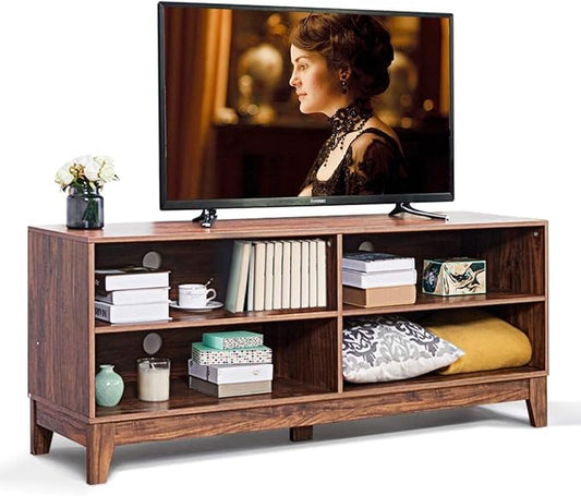 LUARANE TV Stand for TVs, up to 55 65 Inch, Console Table Cabinet MDF Storage Console, with 4 Open Storage Shelves, 4 Cord Management Holes, for Living Room and Entertainment Room (Dark-brown) - LeafyLoom