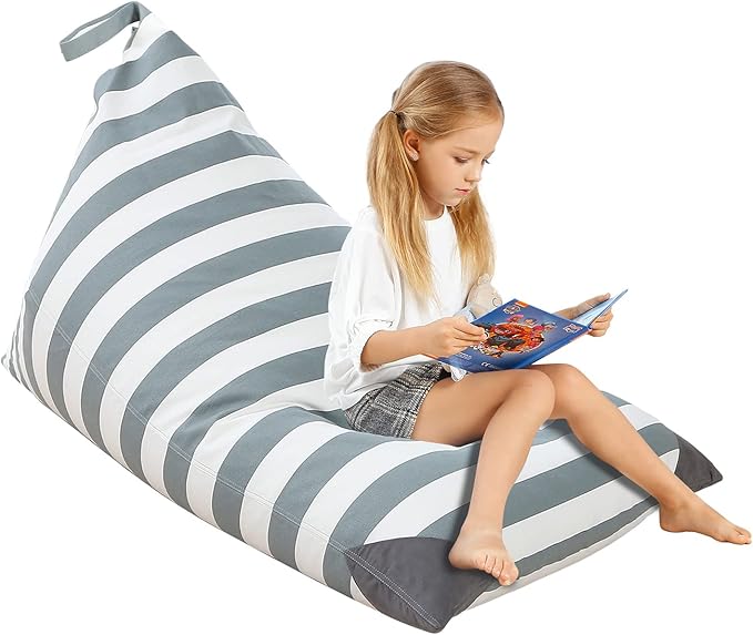 Aubliss Stuffed Animal Storage Bean Bag Chairs Cover, 50"x 35" Extra Large Bean Bags Chair for Kids Adults, Beanbag Toy Storage for Boys Girls - Premium Cotton Canvas Grey Stripe - LeafyLoom